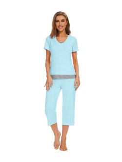 Bamboo Viscose Pajamas Set for Women Soft Sleepwear Loose comfy Short Tops with Capri Pants Pjs Loungewear S-XXL