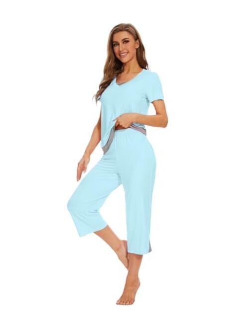 WiWi Bamboo Viscose Pajamas Set for Women Soft Sleepwear Loose comfy Short Tops with Capri Pants Pjs Loungewear S-XXL