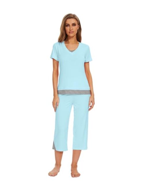 WiWi Bamboo Viscose Pajamas Set for Women Soft Sleepwear Loose comfy Short Tops with Capri Pants Pjs Loungewear S-XXL