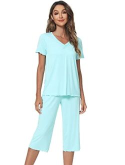 Bamboo Viscose Pajamas Set for Women Summer V Neck Sleepwear Pjs Short Sleeve Tops with Capri Pants Lounge Sets S-XXL