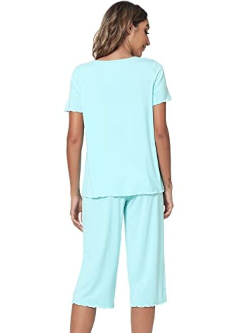 WiWi Bamboo Viscose Pajamas Set for Women Summer V Neck Sleepwear Pjs Short Sleeve Tops with Capri Pants Lounge Sets S-XXL