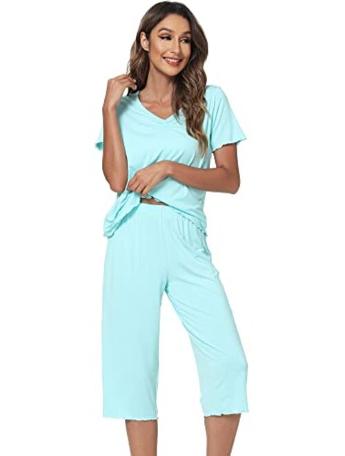 WiWi Bamboo Viscose Pajamas Set for Women Summer V Neck Sleepwear Pjs Short Sleeve Tops with Capri Pants Lounge Sets S-XXL