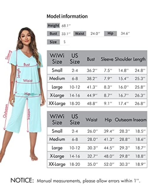 WiWi Bamboo Viscose Pajamas Set for Women Summer V Neck Sleepwear Pjs Short Sleeve Tops with Capri Pants Lounge Sets S-XXL