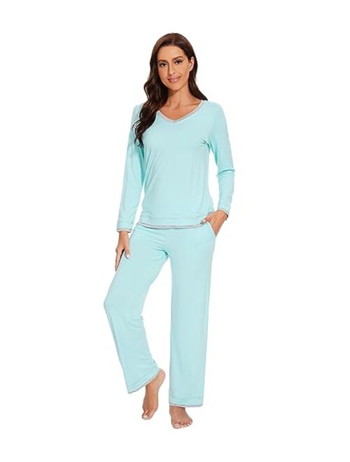 WiWi Bamboo Viscose Pajamas Sets for Women Soft Tops with Pants Sleepwear V-neck Pj Set with Pockets S-XXL