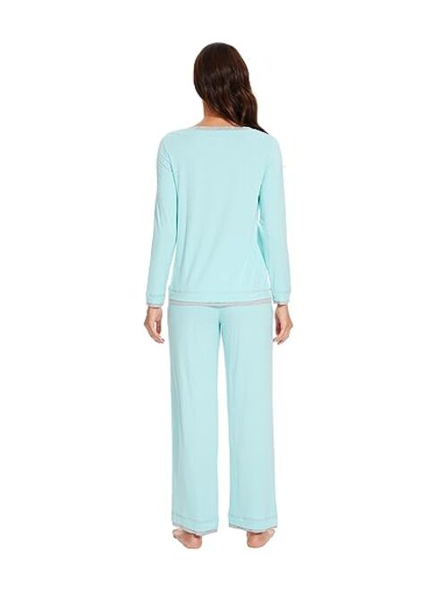 WiWi Bamboo Viscose Pajamas Sets for Women Soft Tops with Pants Sleepwear V-neck Pj Set with Pockets S-XXL
