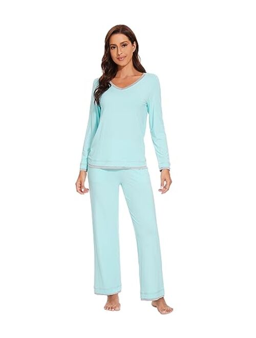 WiWi Bamboo Viscose Pajamas Sets for Women Soft Tops with Pants Sleepwear V-neck Pj Set with Pockets S-XXL