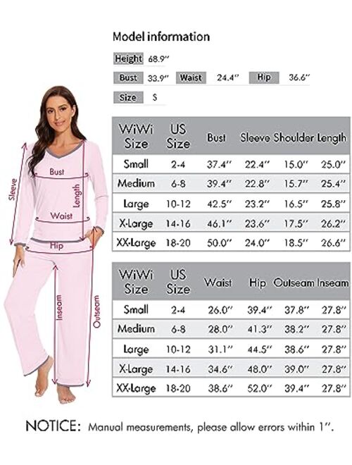 WiWi Bamboo Viscose Pajamas Sets for Women Soft Tops with Pants Sleepwear V-neck Pj Set with Pockets S-XXL