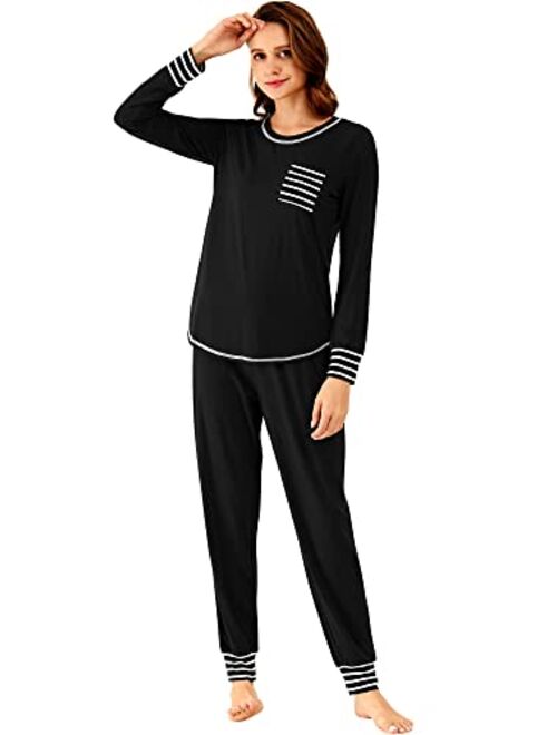 WiWi Bamboo Viscose Pajamas Set for Women Long Sleeve Sleepwear Soft Loungewear Pjs Jogger Pants Lounge Sets S-XXL