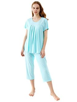 Bamboo Viscose Pajamas for Women Capri Pants Pajama Sets Short Sleeve Sleepwear Set Top with Capris Pjs Loungewear S-XXL