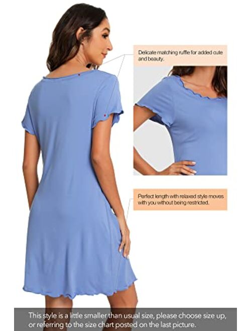 WiWi Womens Nightgown Short Sleeve Sleep Shirts Ruffle Nightshirts Sleepwear Soft Summer Sleepshirt Loungewear S-XXL