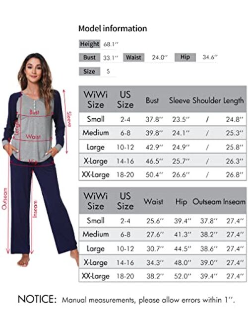 WiWi Bamboo Pajama Set for Women 2 Pieces Long Sleeve Loungwear Soft Sleepwear Button-Down Pj Sets Pockets S-XXL