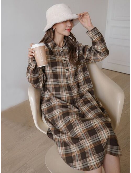 DAZY 1pc Plaid Half Button Dress