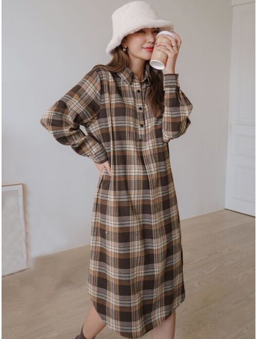 DAZY 1pc Plaid Half Button Dress