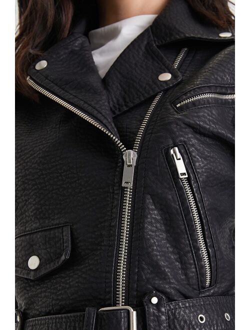 Avec Les Filles Open Road Black Textured Vegan Leather Cropped Moto Jacket