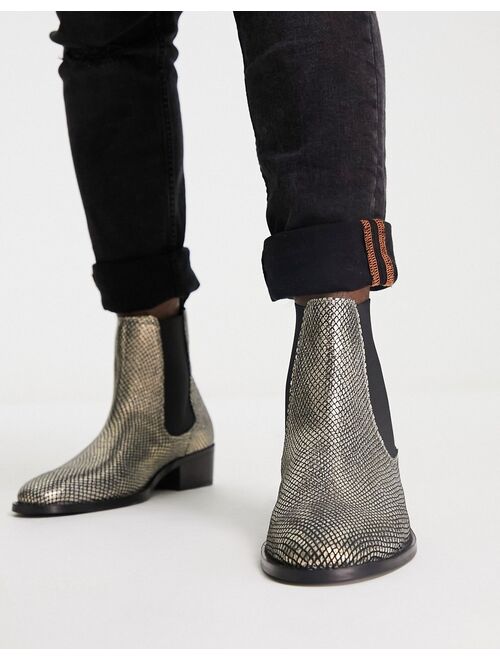 Walk London dalston cuban heeled chelsea boots in gold snake leather