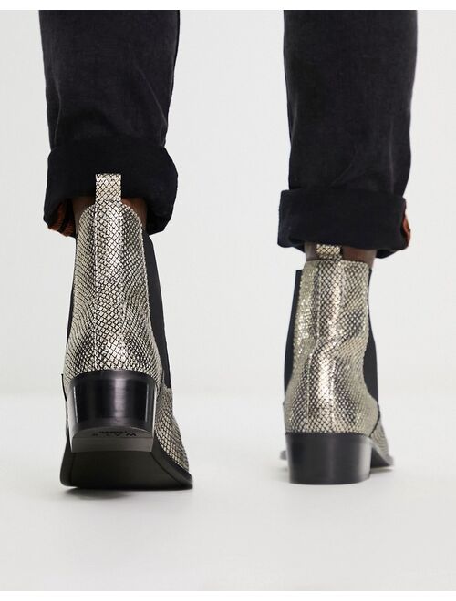 Walk London dalston cuban heeled chelsea boots in gold snake leather