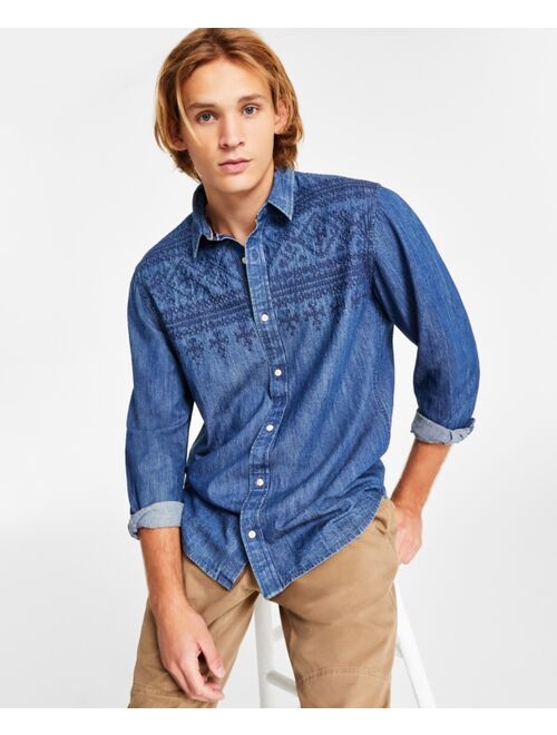 SUN + STONE Men's Chase Regular-Fit Geo Embroidered Button-Down Shirt, Created for Macy's