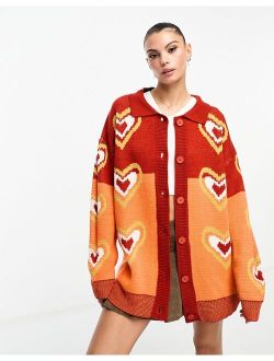 slouchy collar cardigan in retro heart knit