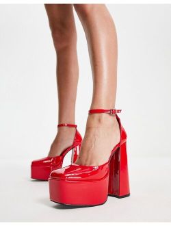 platform heeled shoes in red patent