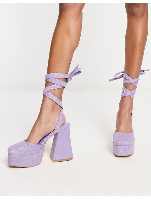 Daisy Street platform flared heeled shoes in lilac glitter