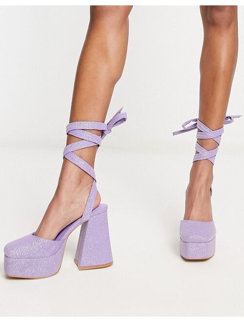 Daisy Street platform flared heeled shoes in lilac glitter