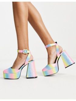 platform flared heeled shoes in rainbow glitter