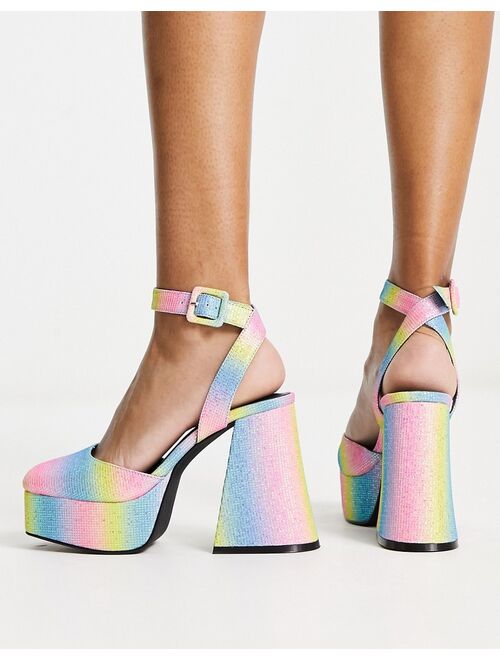 Daisy Street platform flared heeled shoes in rainbow glitter