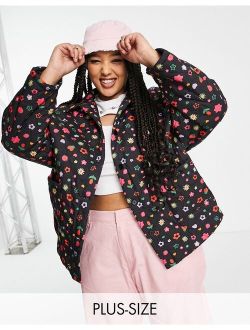Plus relaxed puffer jacket in multi floral print