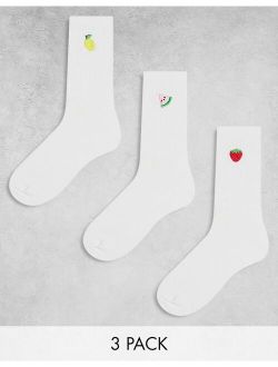 3 pack white sporty socks with fruit embroidery