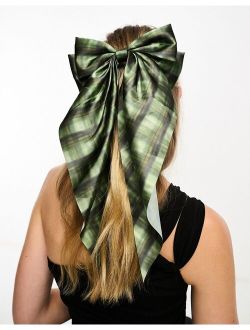 check hair bow in green