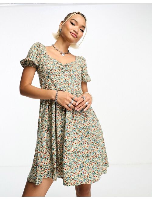 Daisy Street puff sleeve mini tea dress in vintage ditsy