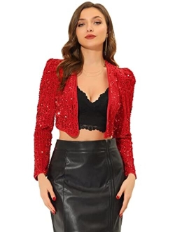 Women's Sequin Shrug Open Front Collarless Halloween Glitter Sparkly Crop Blazer Jacket