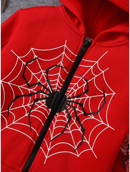 SHEIN Kids EVRYDAY Young Boy Spider Web Print Zip Up Hoodie
