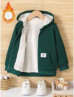SHEIN Kids EVRYDAY Young Boy Letter Patched Detail Plush Lined Hoodie