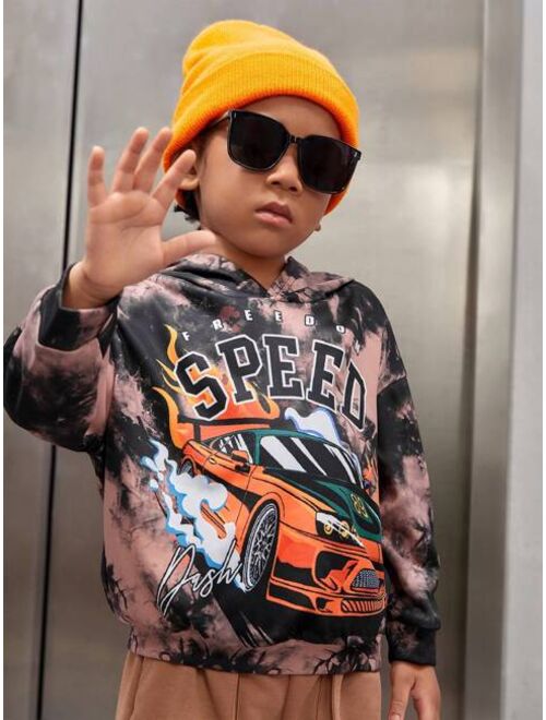 SHEIN Kids Cooltwn Young Boys Casual Loose Hoodie With Car And Letter Print Tie Dye Design Autumn winter