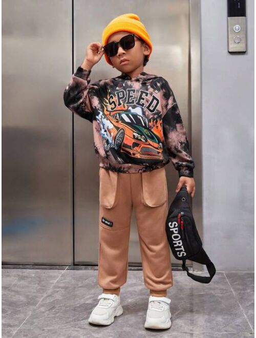 SHEIN Kids Cooltwn Young Boys Casual Loose Hoodie With Car And Letter Print Tie Dye Design Autumn winter