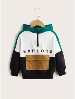 SHEIN Kids EVRYDAY Toddler Boys Letter Embroidery Half Zip Colorblock Hoodie