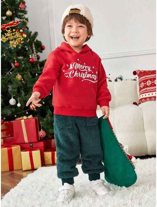 SHEIN Toddler Boys 1pc Christmas Tree Slogan Graphic Thermal Hoodie
