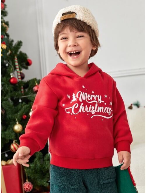 SHEIN Toddler Boys 1pc Christmas Tree Slogan Graphic Thermal Hoodie