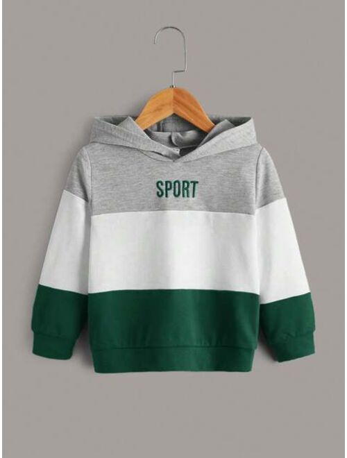 SHEIN Kids SPRTY Young Boy Letter Embroidery Colorblock Hoodie