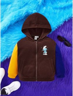 SHEIN X The Smurfs Young Boy Cartoon Letter Graphic Colorblock Zipper Up Hoodie