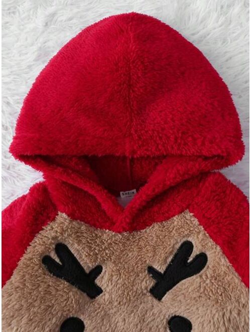 SHEIN Young Boy Cartoon Embroidery Raglan Sleeve Teddy Hoodie