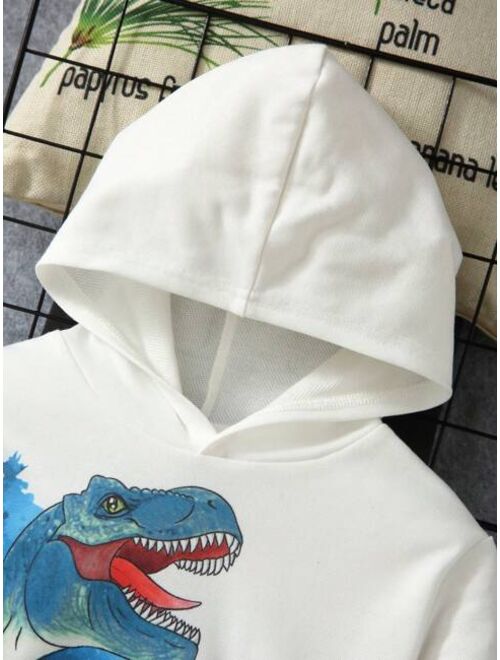 SHEIN Kids EVRYDAY Young Boys Casual Loose Fit Dinosaur Printed White Hoodie Autumn And Winter