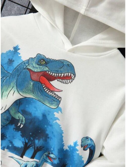 SHEIN Kids EVRYDAY Young Boys Casual Loose Fit Dinosaur Printed White Hoodie Autumn And Winter