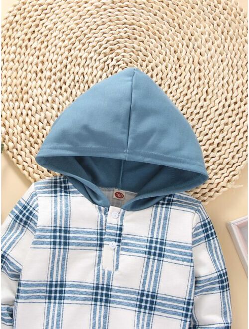 Toddler Boys Plaid Half Button Contrast Panel Hoodie