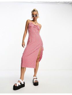 cami midi dress in pink red gingham crinkle