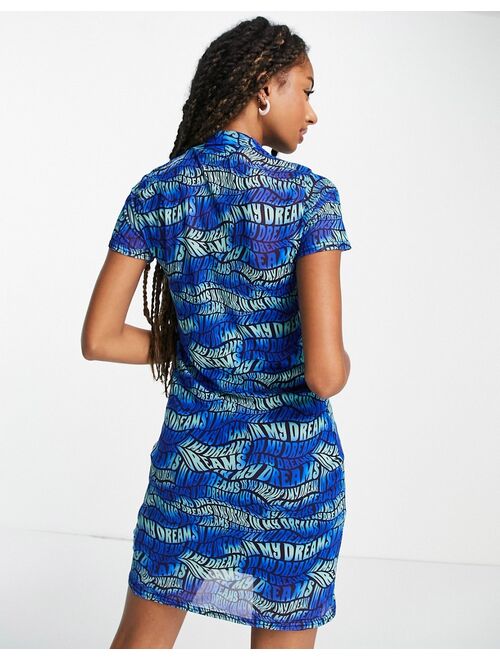 Daisy Street button front t-shirt mini dress in wavy blue text print mesh