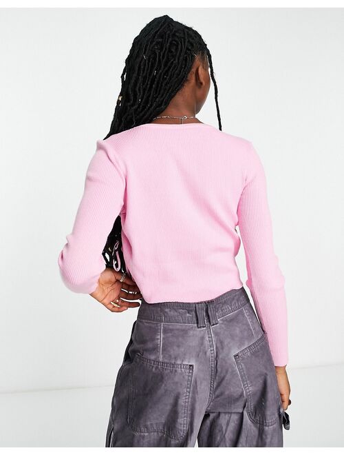 Daisy Street rib knit crop top in pink with drawstring side