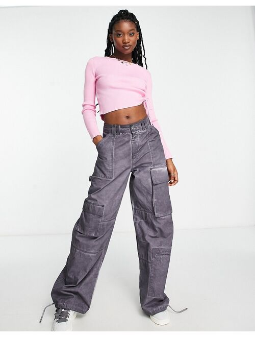 Daisy Street rib knit crop top in pink with drawstring side