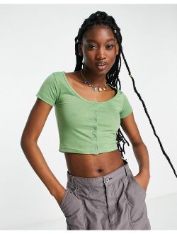 button front 90s crop top in soft khaki